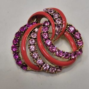 Pink Crystal Rhinestone Enamel Knot Twist Brooch Pin Statement Costume Jewelry